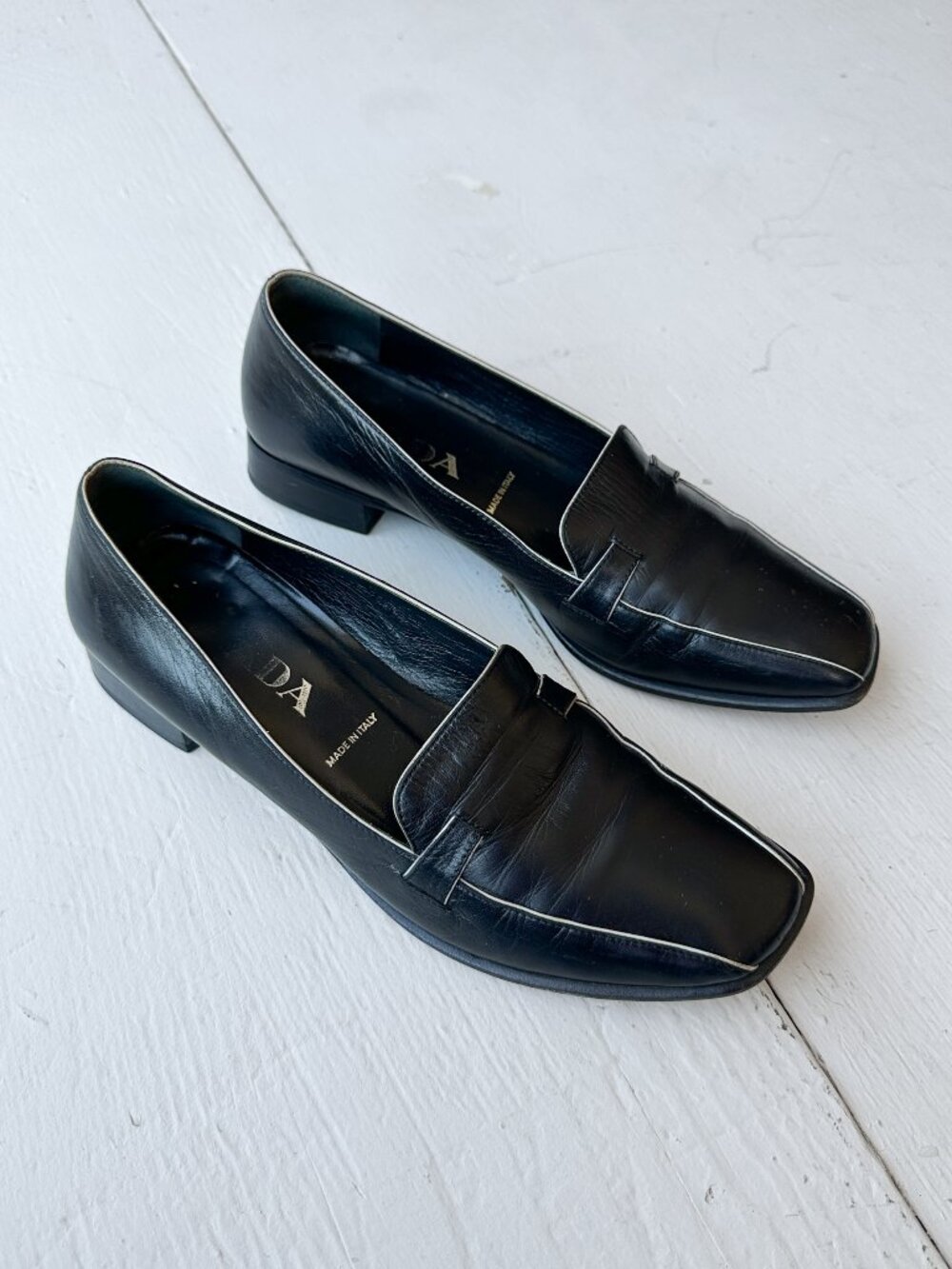 Prada Black Leather & White Piped Trim Block Heel Women's Loafers - Size 36